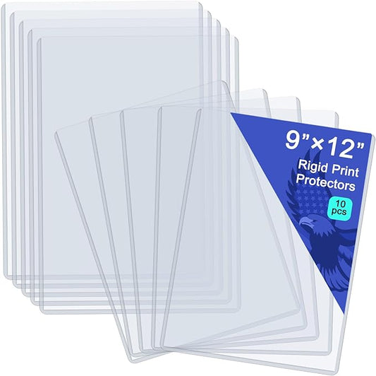 Rainmae 10 Pack 9" x 12" Rigid Print Protectors, Clear Hard Plastic Sheet Protectors, Waterproof Photo Top-Loading Sleeves Rigid Menu Holders Cards Photos Drawings Artworks Poster Prints Documents