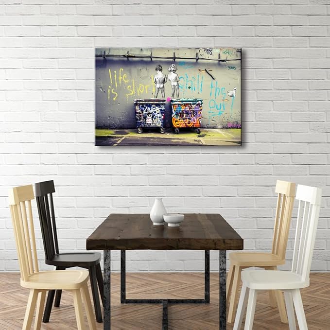 Wieco Art Large Gallery Wrapped Canvas Prints Life is Short Chill the Duck Out Banksy Boys Artwork Reproduction Graffiti Poster Print on Canvas Art for Bedroom Home Kitchen Decorations