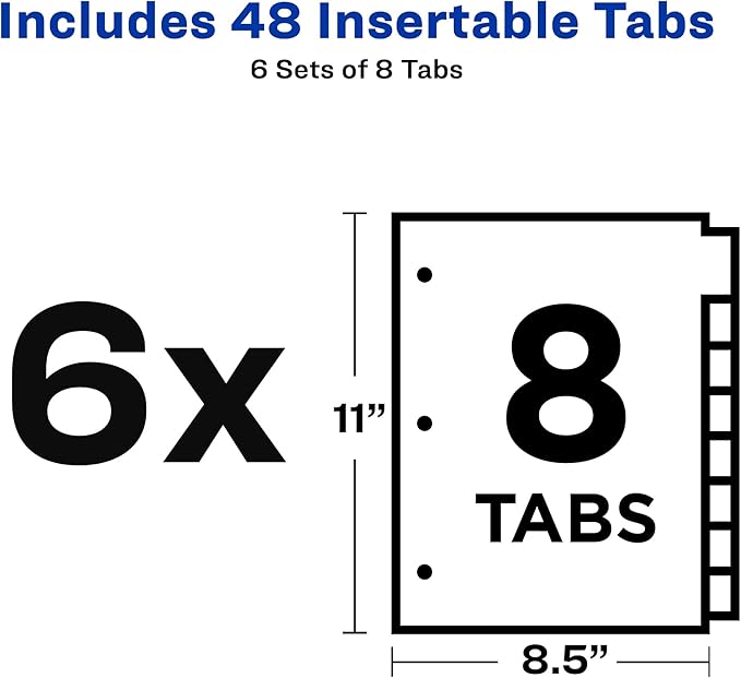 Avery Big Tab Insertable Dividers for 3 Ring Binders, 8-Tab Sets, White Paper, Clear Tabs, 6 Binder Divider Sets (41124)