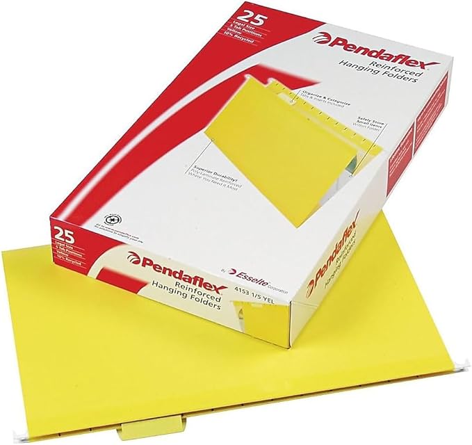 Pendaflex 04153 1/5 YEL Reinforced Hanging Folders, Legal Size, Yellow, 1/5 Cut, 25/BX (4153 1/5 YEL)