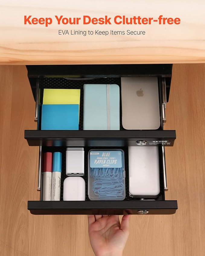 VEVOR Under Desk Double Stacked Lockable Slide Out Drawer, 13 inch Lockable Under Table Pull-out Drawer Attachment for Sit Stand Workstation, Secure Under Desk Storage Organizer, Black