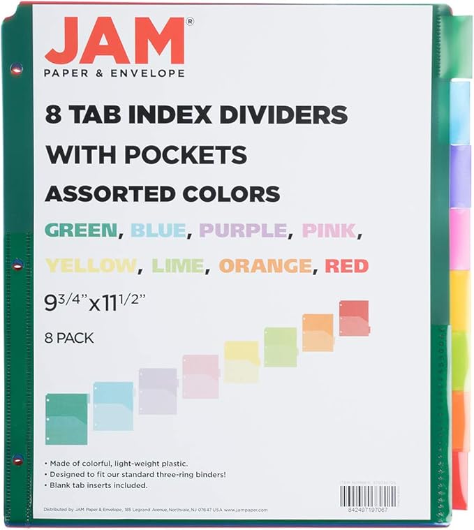 JAM PAPER Plastic Index 8-Tab Dividers w/Double Pockets - 9 3/4 x 11 1/2 - Assorted Multi-Color - 6 Packs of 8 Tabs/Set