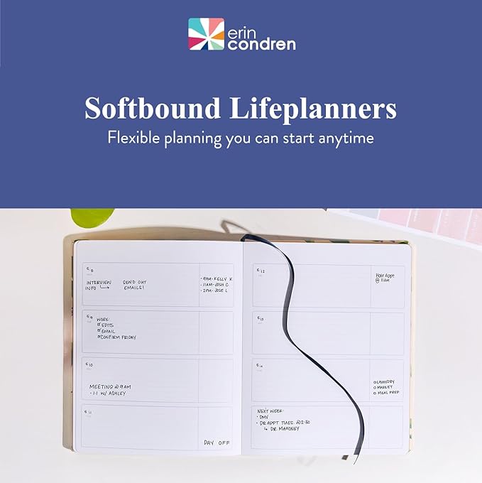 Erin Condren Undated Softbound Life Planner, 8” x 10” 12-Month Weekly & Monthly Planner Journal, Horizontal Layout, Soft Cover, Layflat Binding, Daisy Blooms Cover Design, Neutral Interior Design