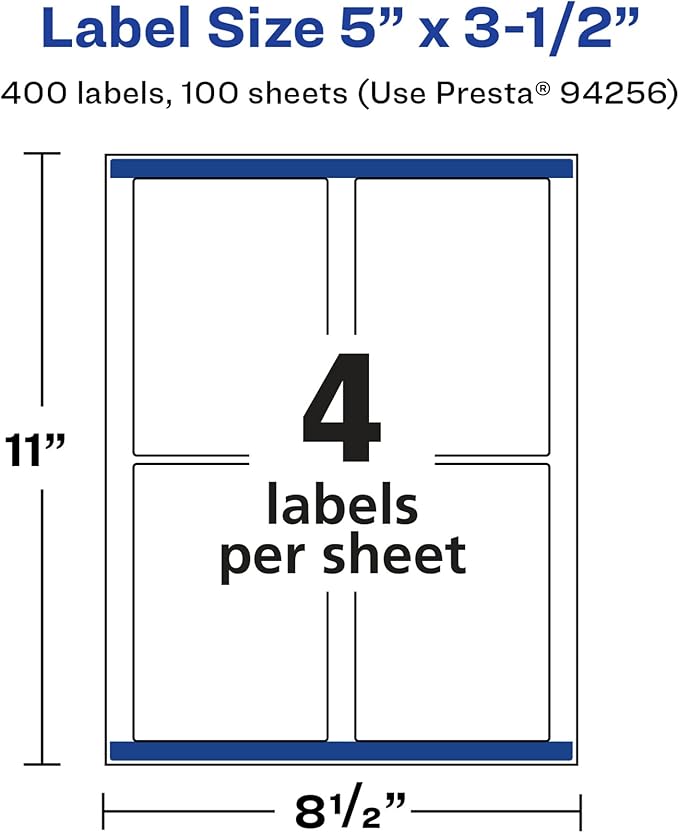 Avery Glossy White Rectangle Labels, Sure Feed Technology, 5" x 3.5", 400 Glossy White Labels, Permanent Adhesive, Laser/Inkjet Printable