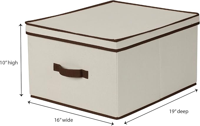 Household Essentials 515 Storage Box with Lid and Handle- Natural Beige Canvas with Brown Trim- Jumbo
