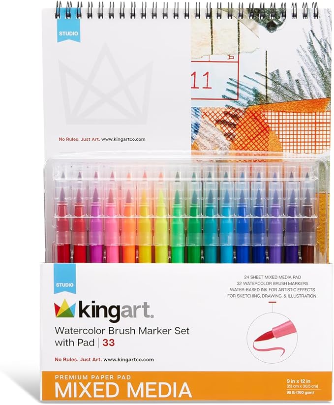 KINGART 33-Piece Watercolor Brush Marker Set with 9x12 Mixed Media Pad – 32 Vibrant Flexible Nylon Tip Pens and 24-Sheet Premium 90 lb Paper Pad – Professional Drawing Kit for Painting and Blending