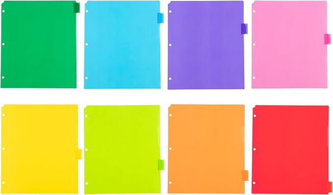 JAM PAPER Plastic Index Tab Dividers - 8-Tab - 9 3/4 x 11 1/2 - Multicolor - 8 Tabbed Dividers/Pack