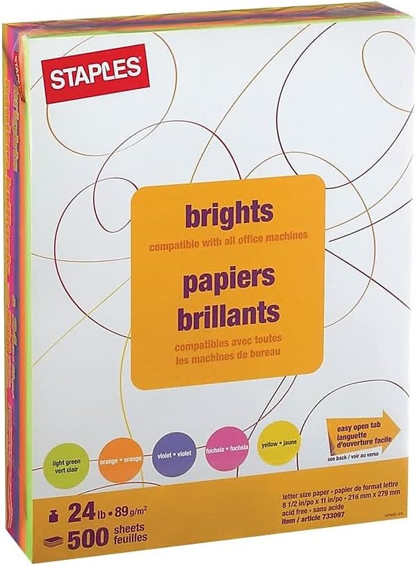 Staples Brights 24 Lb. Colored Paper Neon Assorted 500/Ream, For Office, School & Home