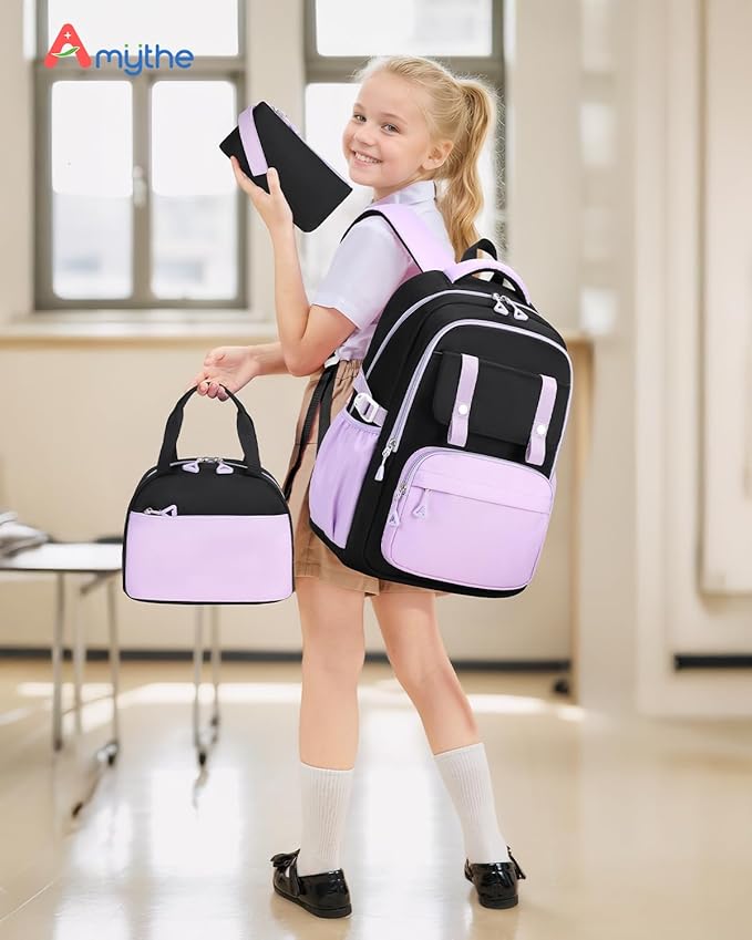 Girls Backpack with Lunch Box 3Pcs, Waterproof School Bag Set for Teen Elementary Middle School, Multi-Pocket Laptop Bookbag Lightweight, Purple