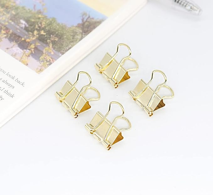 Gold Binder Clips, Mini Paper Clip, Small Paper Clamps 15mm (5/8 inch), 100 Pack Micro Size Office Clips for Home School and Business (Gold)