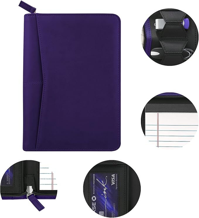 Small Portfolio Organizer, A5 Zippered Business Portfolio, Junior Padfolio Folder Binder for Women & Men, 5 x 8 Writing Pad Included, Dark Purple
