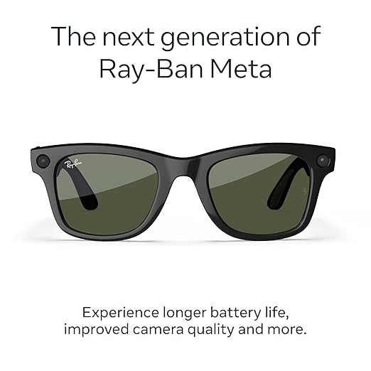 Ray-Ban Meta (Gen 2), Wayfarer, Shiny Black | Smart AI Glasses for Men, Women — 2X Battery Life — 3K Ultra HD Resolution and 12 MP Wide Camera, Audio, Video — Green Lenses — Wearable Technology