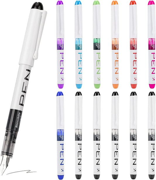 EEOYU 12 Pieces Disposable Fountain Pens, Smooth-Writing Office Supplies for Sketching, Journaling, Calligraphy, Doodling and Gifts (Assorted Colors)