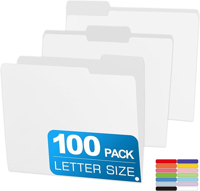 100 Packs Colored File Folders,White File Folders,Two Tone Color File Folder 8.5 x 11 Inch,1/3 Cut Tabs Letter Size,Manila File Folders for Office,School and Home,Organization