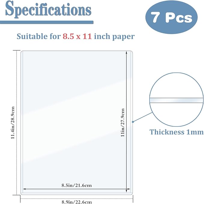 ELEMGULY 7 Pack 8.5 x 11'' Rigid Plastic Page Protectors, Clear Hard Sheet Sleeves for Document, Picture, Photo