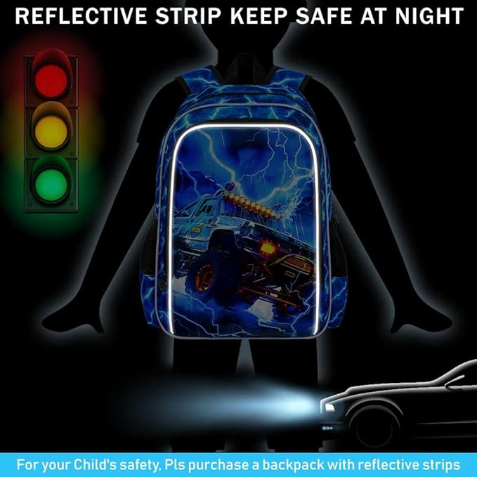 KLFVB 3PCS Kids Backpack Set, 17" Boys Truck Bookbag and Lunch Box, Water Resistant School Backpacks for Teenagers Middle Elementary - Lightning Truck