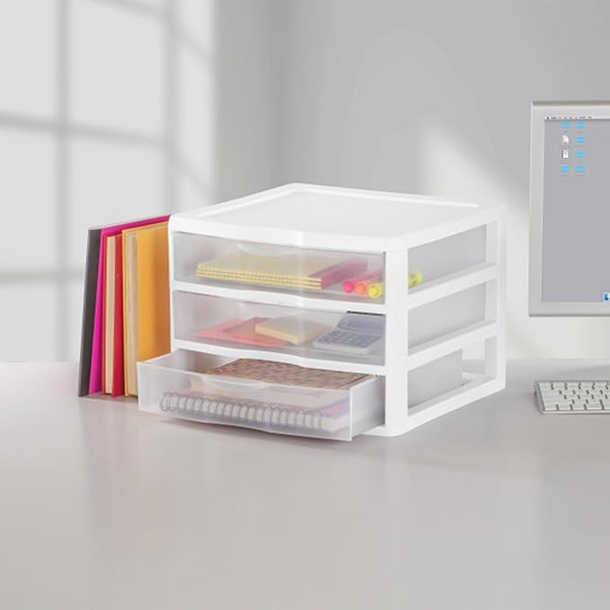 Sterilite 9-Pack Wide 3 Drawer Unit, Plastic Desktop Organizer with Clear Drawers, White Frame - Stackable Multi-Purpose Storage for Office Supplies, Craft Rooms, Classrooms and Home Organization