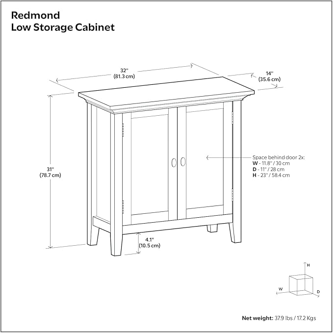 SIMPLIHOME Redmond Storage Cabinet - 32 inch Wide Solid Wood 2-Shelf Low Storage Cabinet in White, Transitional Accent Cabinet for Entryway with Adjustable Shelves and Tapered Legs