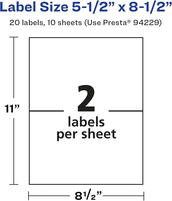 Avery Glossy White Rectangle Labels, 5.5" x 8.5", 20 Glossy White Labels, Permanent Adhesive, Laser/Inkjet Printable