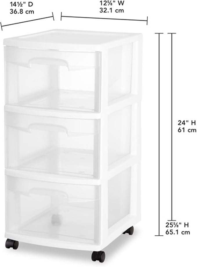 Sterilite 8 Pack Plastic Storage Organizer, 3 Drawer Rolling Bin Cart, Closet Organization, White