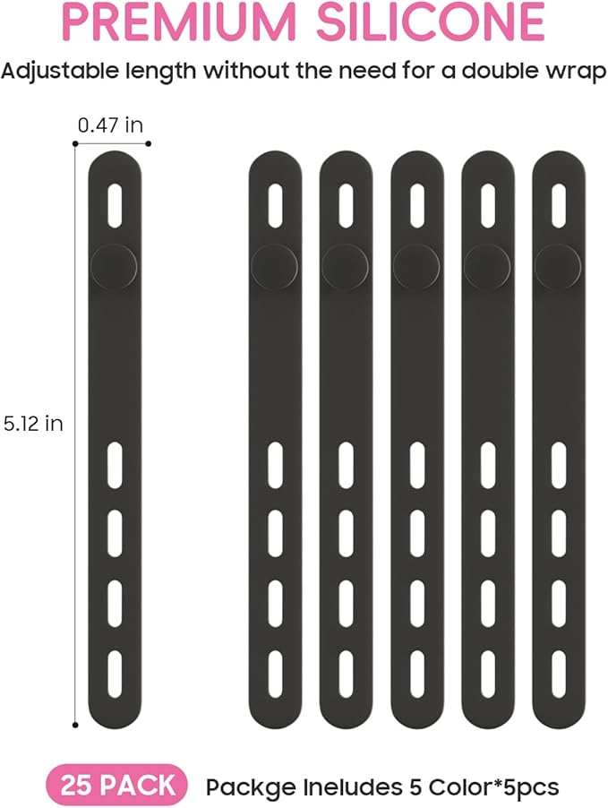 25Pack Silicone Cable Ties,Reusable Cord Organizer for Bundling Electrical Cords,Adjustable Data Cable Organizer Ties,High Elasticity Cable Straps for Home/Office/School/Travel(Black)