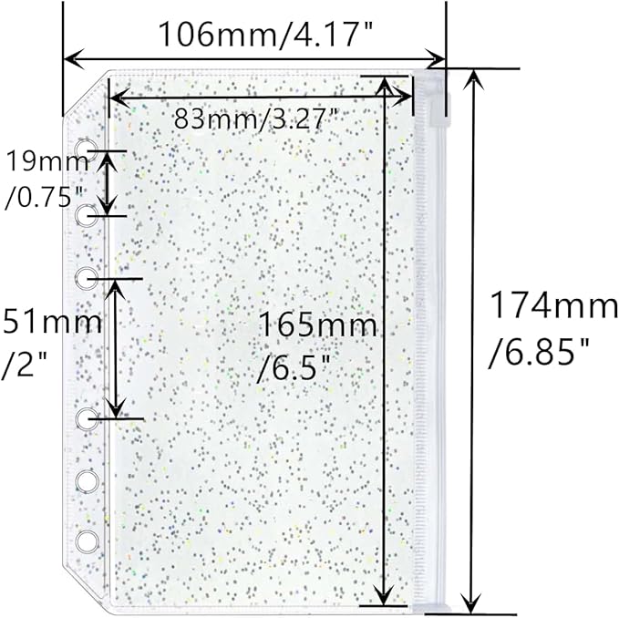 10pcs A6 Cash Stuffing Envelopes Zipper Binder Pockets Clear Glitter PVC 6 Hole Zip Sleeves Loose Leaf Pouches for 6 Ring Binder Planner (A6 4.17" x 6.85")