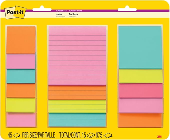 Post-it Super Sticky Notes, 15 Sticky Note Pads, Multi-Size., Ideal for Organization in Your Dorm, Home or Office, 2X The Sticking Power, Supernova Neons Collection