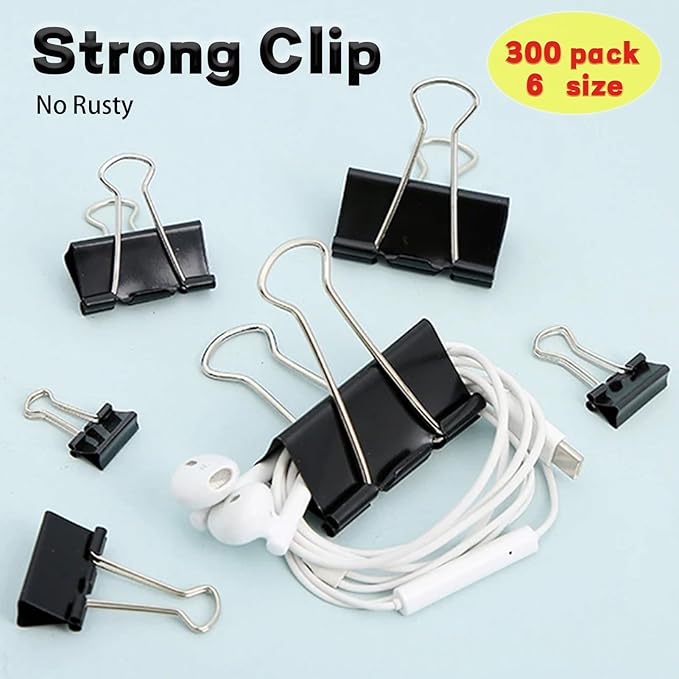 300 Pack Binder Clips Paper Clamps Assorted Sizes (Black), Jumbo, Large, Medium, Small, Mini and Micro, 6 Sizes for Office, School and Home