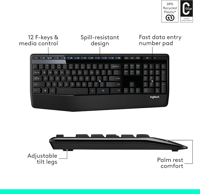 Logitech MK345 Wireless Keyboard and Mouse Combo | Palm Rest | 2.4 GHz | USB Receiver | Black