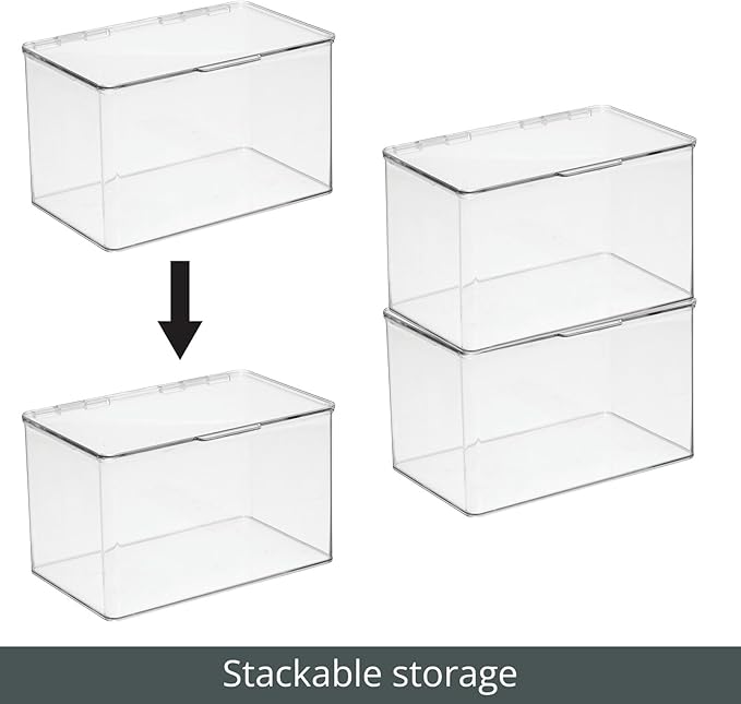 mDesign Small Plastic Home Office Storage Organizer Box Containers with Hinged Lid for Desktops - Holds Pens, Pencils, Sticky Notes, Highlighters, Staples, and Supplies - Lumiere Collection - Clear