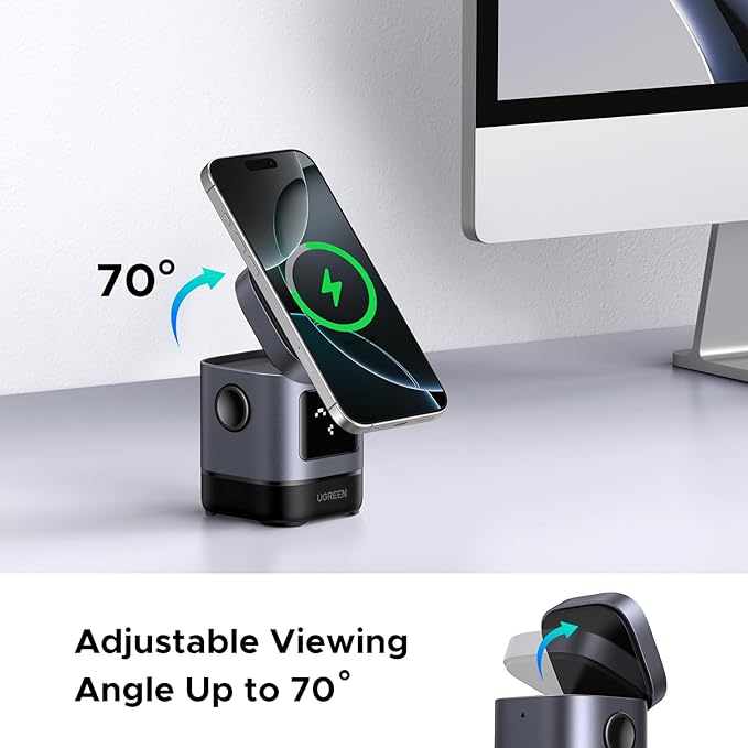 UGREEN Uno Qi2 Certified 15W Wireless Charger Stand, 2-in-1 Foldable Charging Station Compatible with iPhone 17/17 Air/17 Pro/17 Pro Max/16/15/14/13/12 Series, AirPods 2/3/Pro (No AC Adapter)