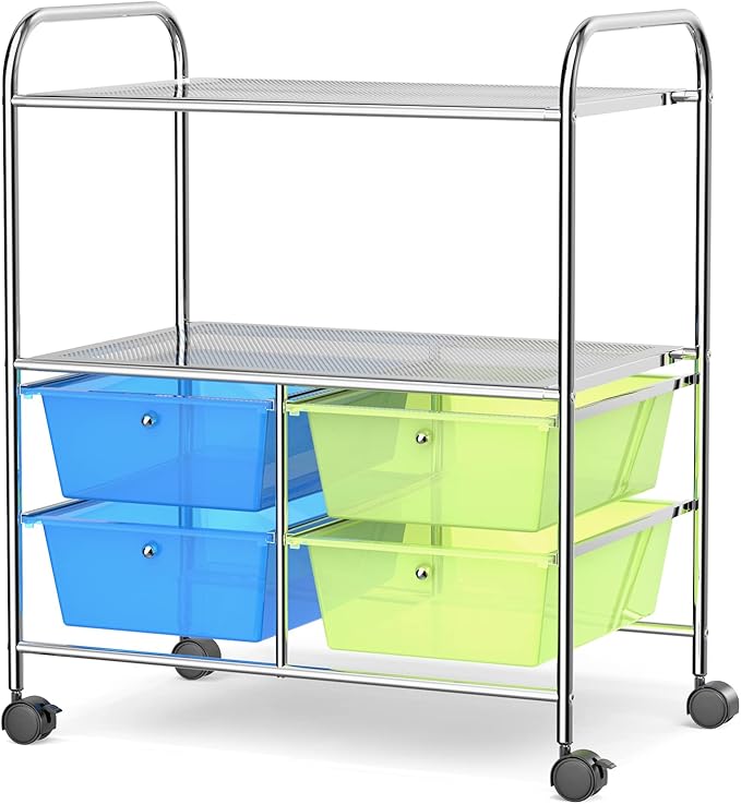 COSTWAY 4-Drawer Storage Cart, Mobile Storage Organizer w/Steel Frame & 360° Wheels, 4-Drawer Utility Cart for Living Room, Kitchen, Bathroom & Office, Green & Blue