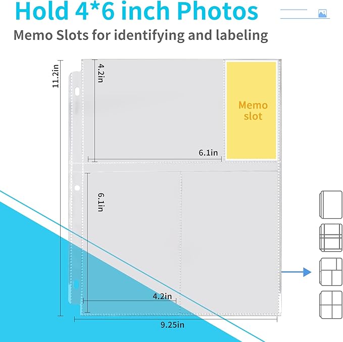 30 Pack Photo Sleeves for 3 Ring Binder - (4x6, for 180 Photos), Archival Page Protectors, Clear Plastic Refill Pages, Postcard Sleeves, Acid-Free