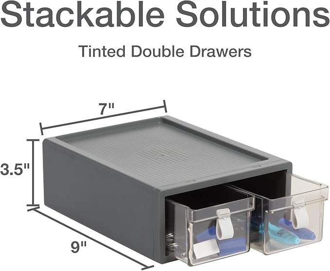 Pendaflex Stackable Drawer, Durable Plastic, Silicon Handles, Tinted Drawers, Double, Gray, 9" x 7" x 3.5", Medium, 1 Piece (41793)