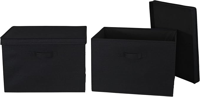 Household Essentials Wide Fabric Storage Bins with Lids, Black, Set of 2