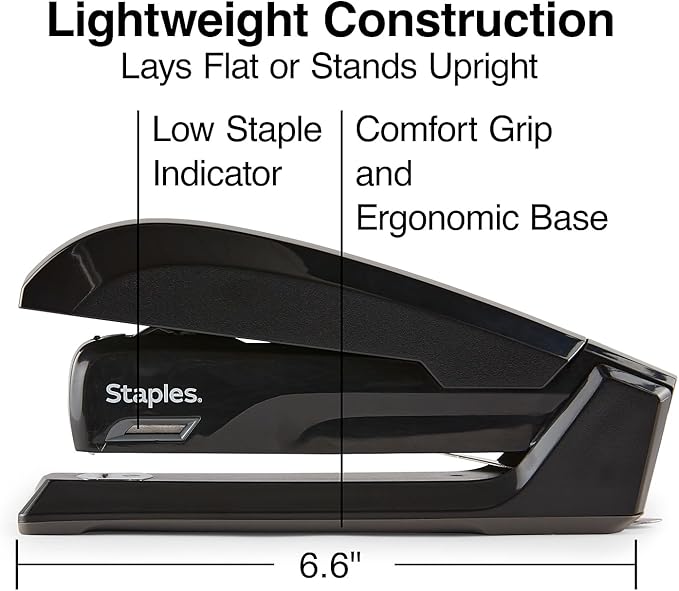 Staples One‑Touch Desktop Stapler, 20‑Sheet Capacity, Black – Easy‑Press Office Stapler