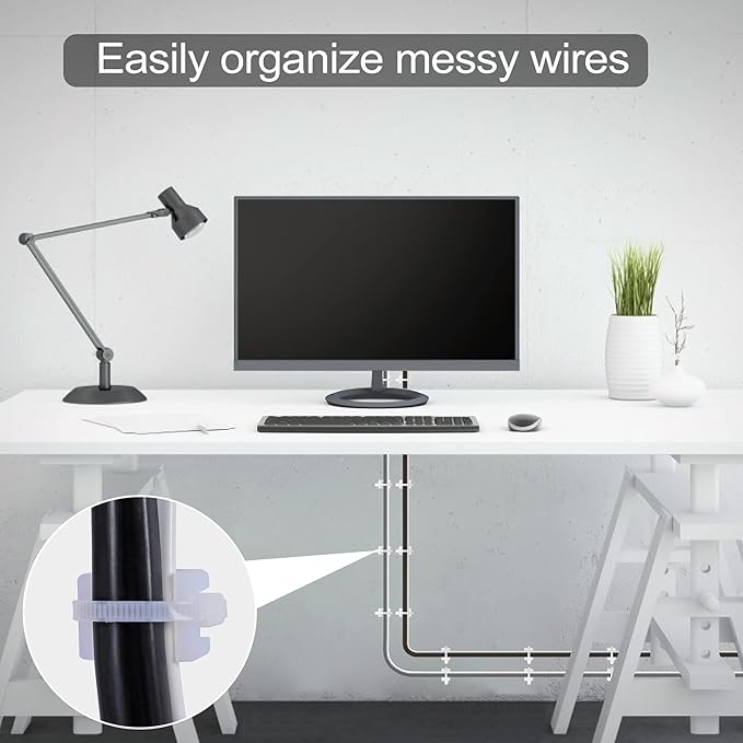 100 Pcs Cable Zip Tie Saddle Type Mounts Base with 100 Pcs 8" Cable Ties and 100 Pcs Tapping Screw, Wire Cable Clips Organizer Holders Clamps White (Pack of 2)