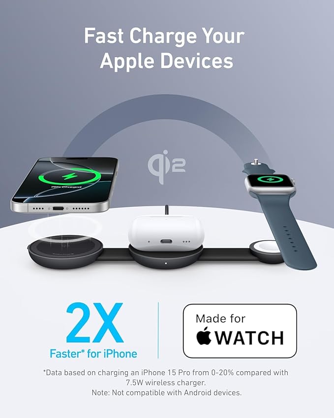 Anker MagSafe Compatible MagGo UFO 3-in-1 Charger, iPhone 17 Wireless Charging Station, 15W Qi2 Certified, Foldable Travel Charging Pad (Black Stone, with Travel Case & Adapter)