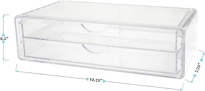 Martha Stewart Brody Desk Organizer with 2 Drawers, Stackable Plastic Desk Storage Box, Organizer for Office, Bathroom, Countertop or Dorm, 12.75" x 7.75", Clear