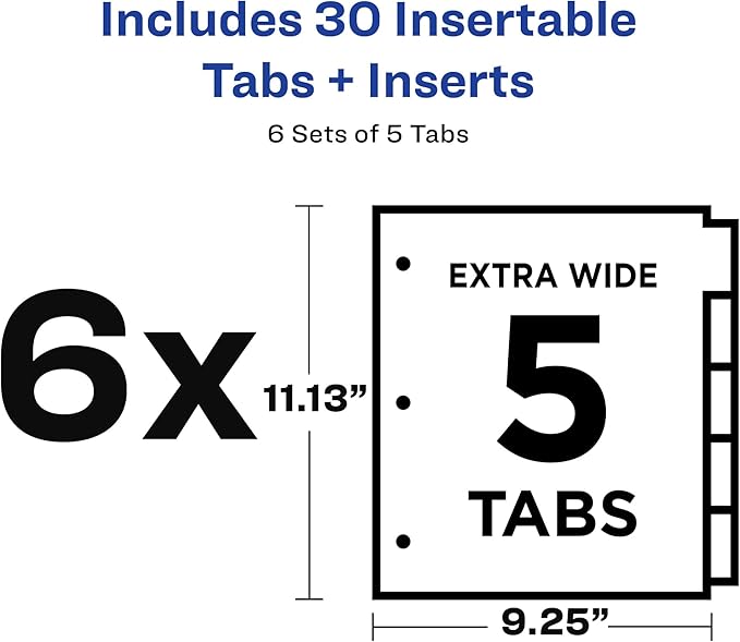 Avery Extra-Wide Big Tab Insertable Dividers for 3 Ring Binders, 5 Tab Sets, White Paper, Clear Tabs, Works With Sheet Protectors, 6 Sets (41121)