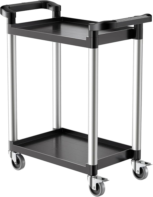 VEVOR Utility Cart, 300 lbs Load Capacity, 2-Tier Utility Plastic Cart with 360° Swivel Wheels (2 with Brakes), 24.4 x 16.1-inch Food Service Cart for Warehouse, Office, Home, Restaurant, Kitchen