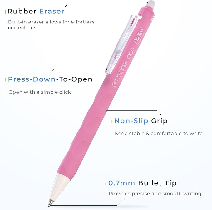 ParKoo Erasable Gel Pens, 24 Colors Retractable Erasable Colored Pens Fine Point 0.7mm, Make Mistakes Disappear, Assorted Color Inks for Drawing Coloring Writing Planner