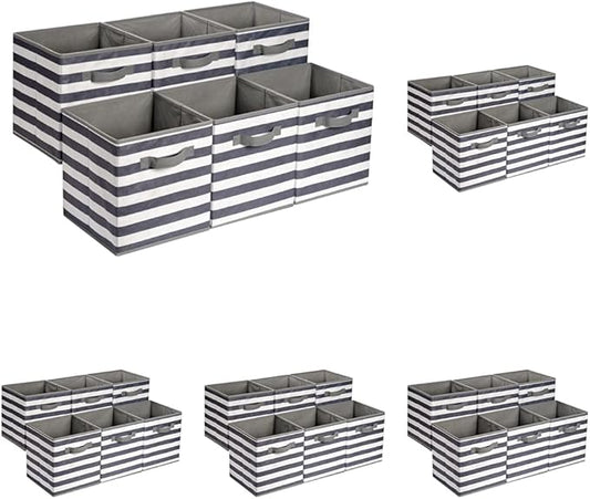 Amazon Basics Cube Organizer Storage Bins Handles,Collapsible Fabric,,10.5"x10.5"x11",White/ Light Grey Stripe,6 Count (Pack of 5)
