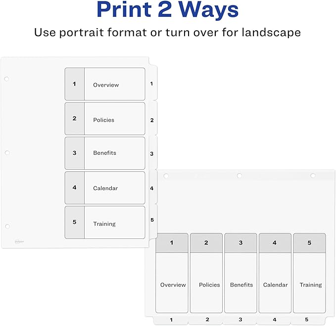 Avery Dividers for 3 Ring Binders, 5 Tabs per Set, Customizable Table of Contents, Classic White Tabs, Great for Organizing Reports, Projects, and More (11130)