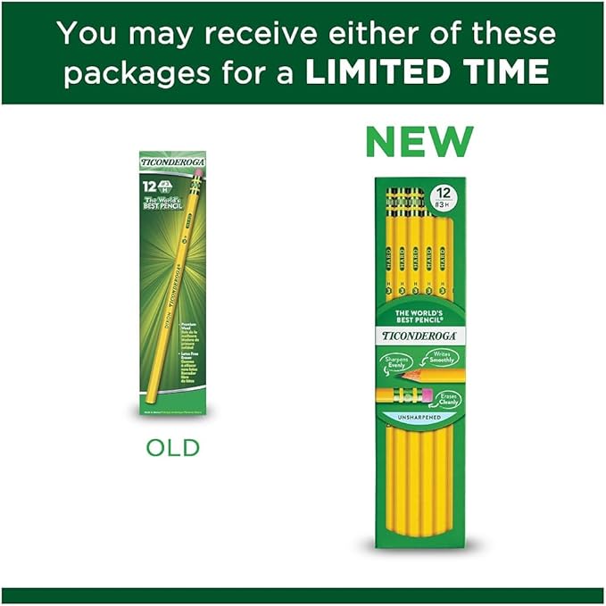 Ticonderoga Wood-Cased Pencils, Unsharpened, #3 H Hard, Yellow, 12 Count