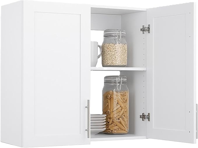 Prepac Elite 32'' Bathroom Wall Cabinet with Panel Doors, Wood Kitchen Pantry Cabinet, Wall Hanging Laundry Room Cupboard with 1 Adjustable Shelf for Kitchen, Laundry Room and Bathroom, White