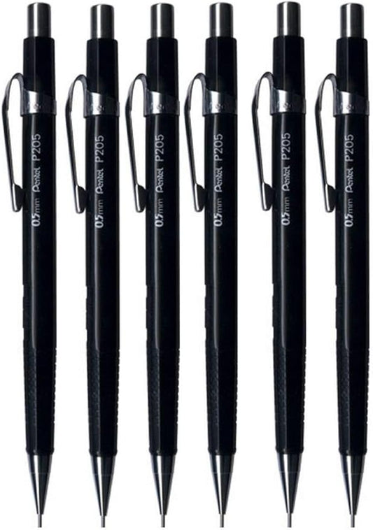 Pentel 0.5mm (P205) Black P200 Series Automatic Mechanical Draughting Pencil Refillable Lead Eraser P205-A (Pack Of 6)