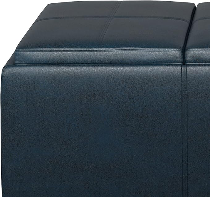 SIMPLIHOME Avalon Storage Ottoman - 42 inch Wide Upholstered Vegan Leather Rectangular Flip-Top Ottoman in Distressed Dark Blue, Contemporary Coffee Table Ottoman for Living Room with Hidden Storage