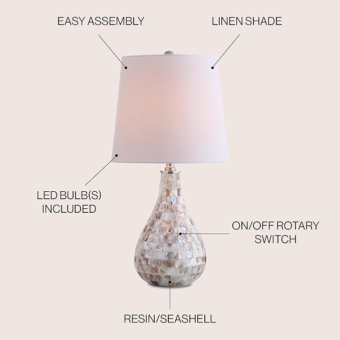 JONATHAN Y 20.5" Seashell Coastal Mini LED Table Lamp for Living Room Office, White Linen Drum Shade, Modern Mother of Pearl Bedside Nightstand Lamp, LED Bulb Included JYL1024A