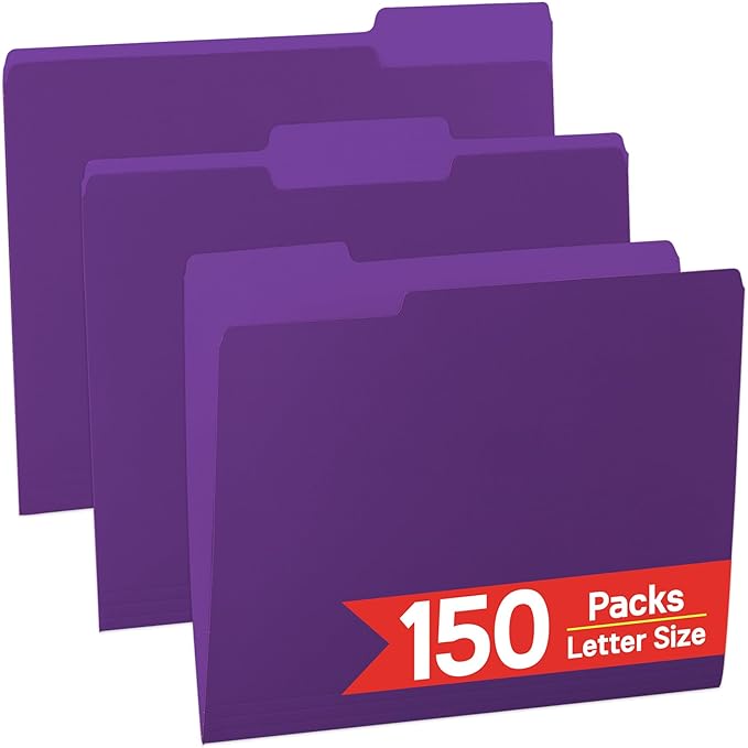 150 Packs Purple File Folder,File Folders Letter Size,1/3-Cut Tabs,8.5x11 Inch File Folders for Office,School and Home,Organizer Documents